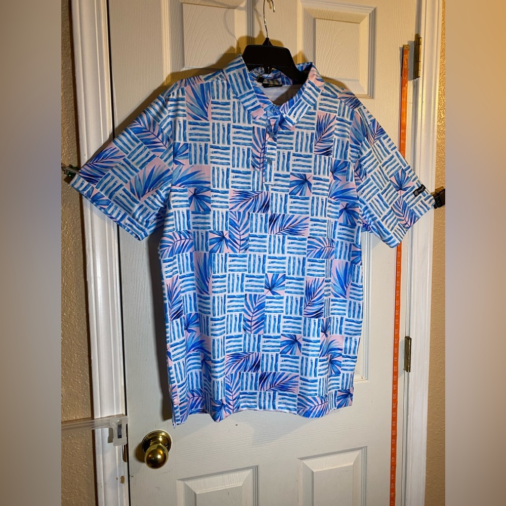 GreenSide Golf Men Sz L Polo Shirt (Malibu Weave Flora Blue Pink White) NWT $50